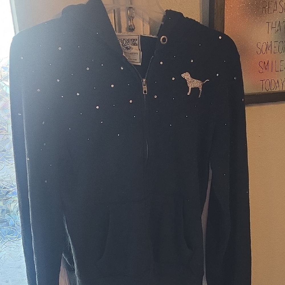 PINK Black Hoodie with Rhinestone Dog Design